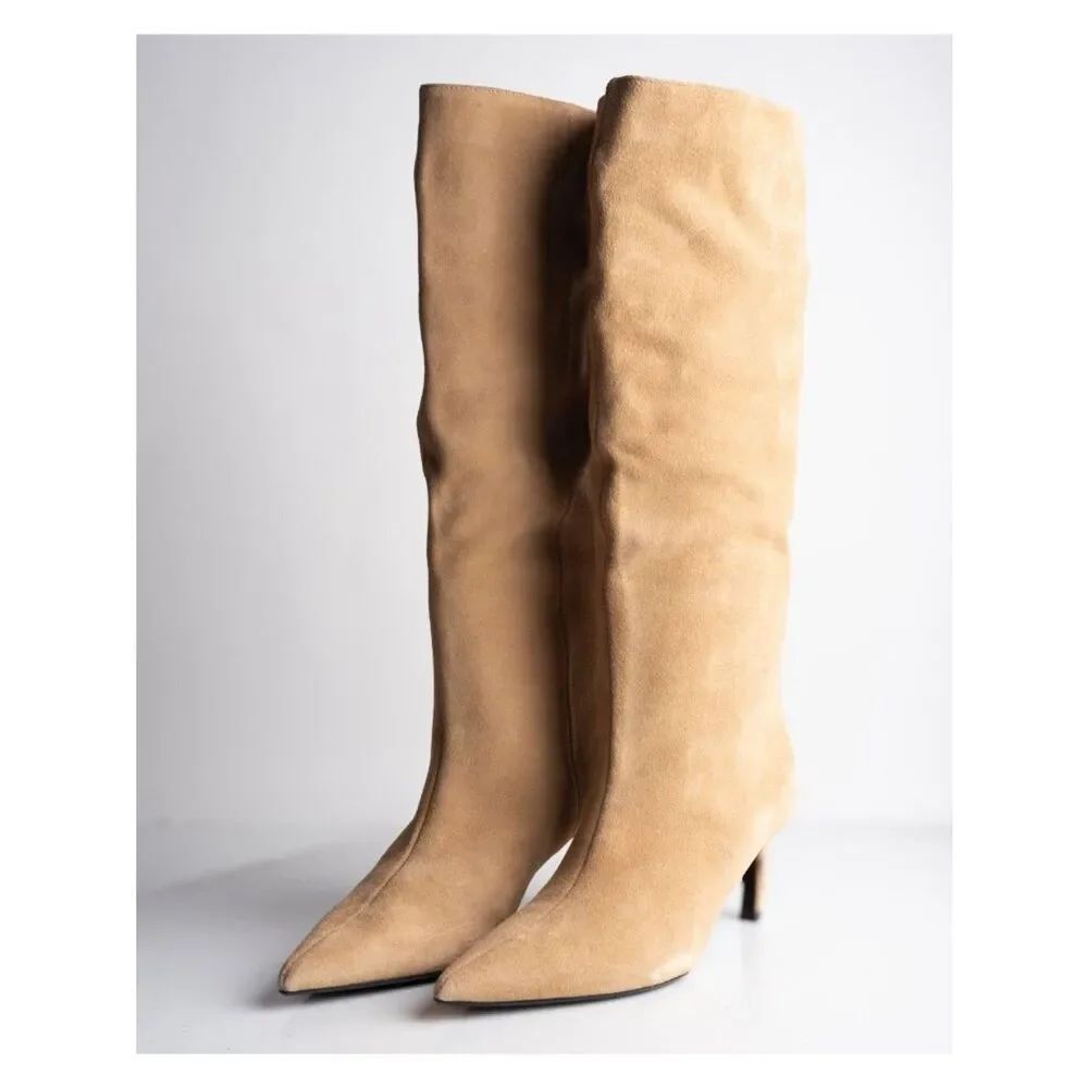 Zara Womens Boots Suede Knee High Wide Leg Heeled Tan camel US 10 EU 41 NWD